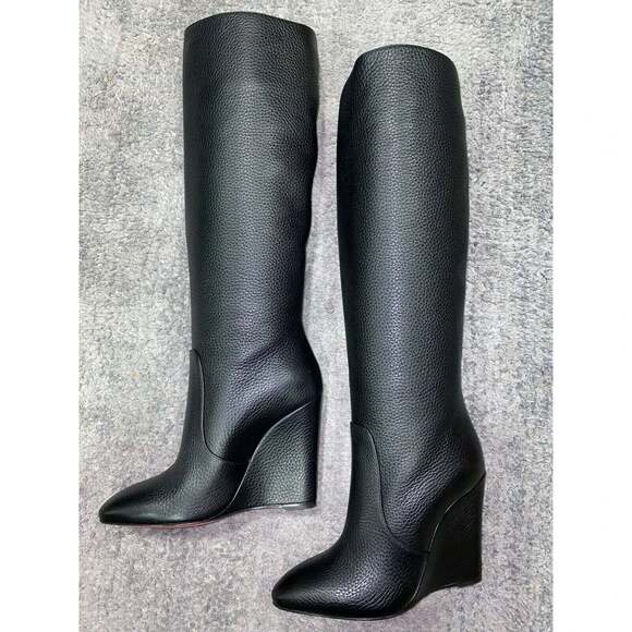 Christian Louboutin Civiliza 100 Black Calf Leather Knee High Wedge Heel Boot 37 - Picture 9 of 12